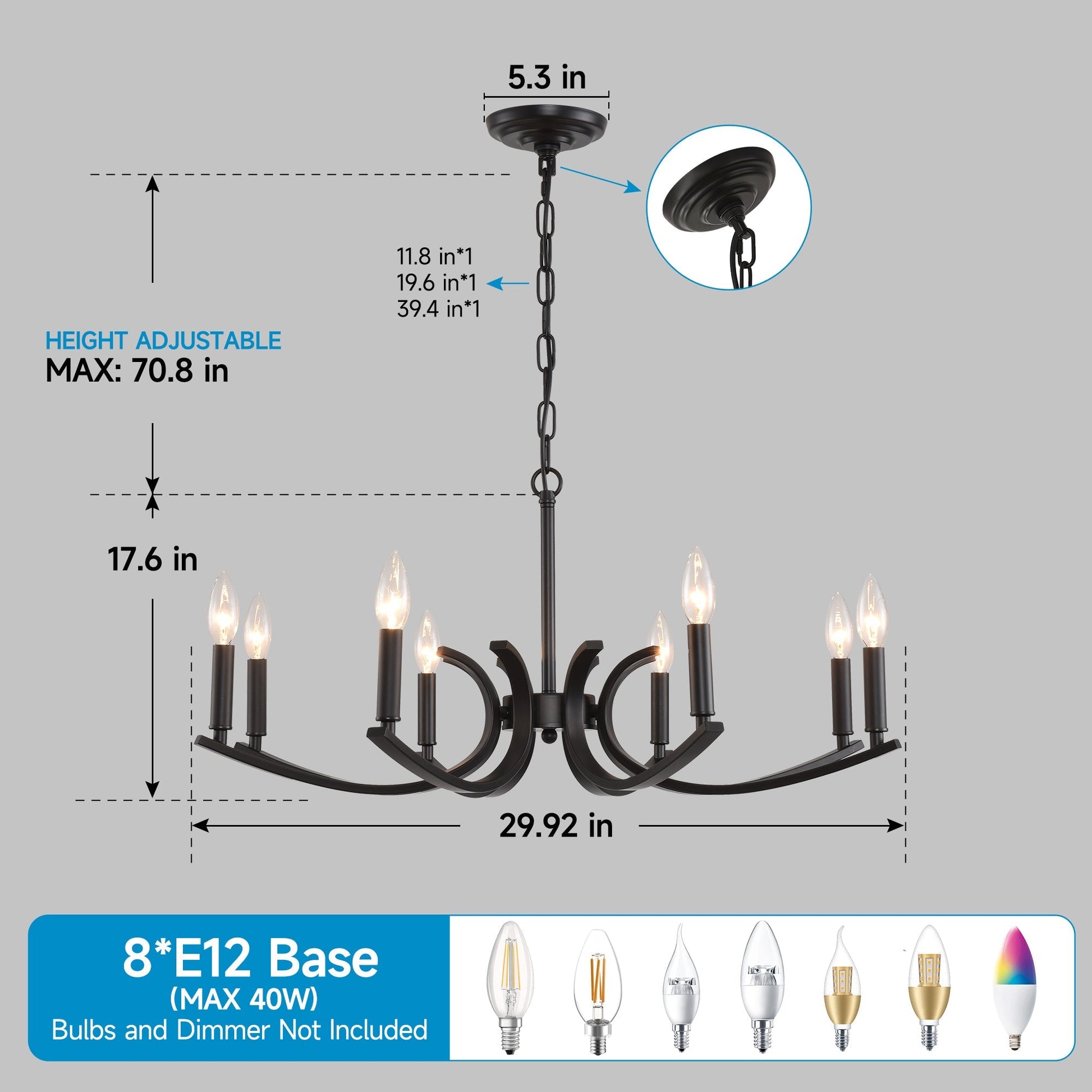 8-Light Farmhouse Chandelier in black metal with chain suspension by HouseOfZazla, candle bulbs on Tampa Home & Garden Store