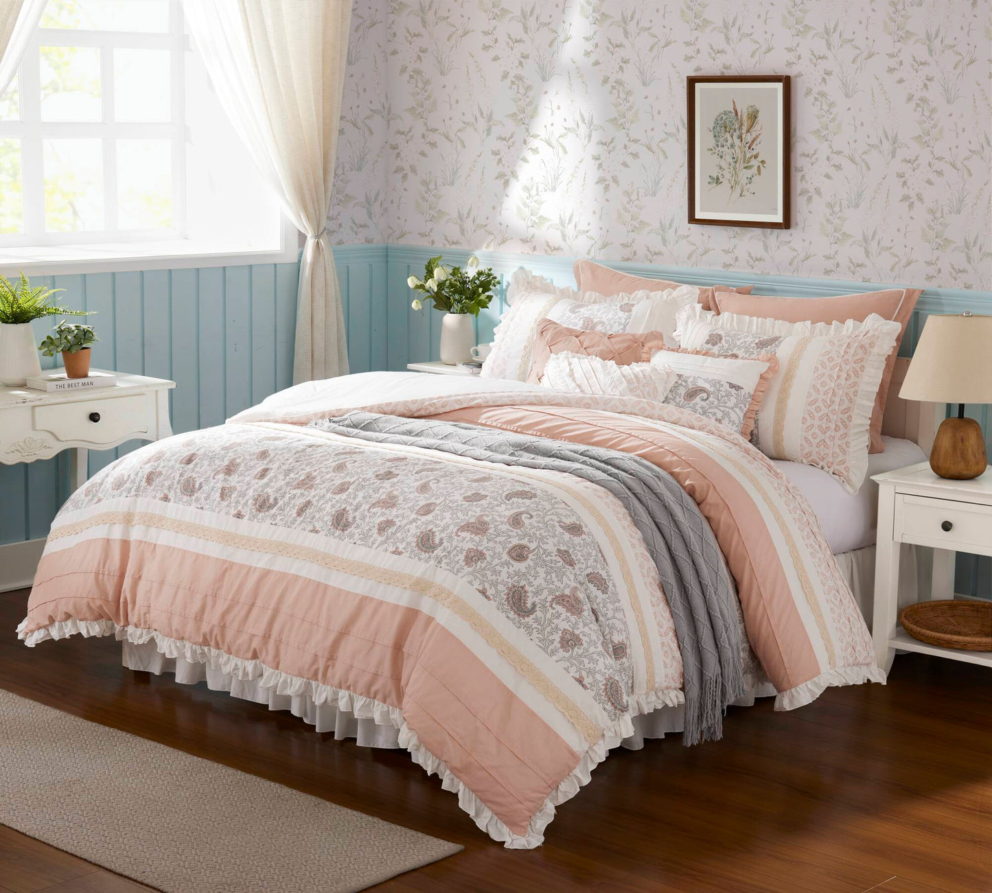 9 Piece Cotton Percale Comforter Set Blush with pink floral pattern and ruffle trim on bed on Tampa Home & Garden Store