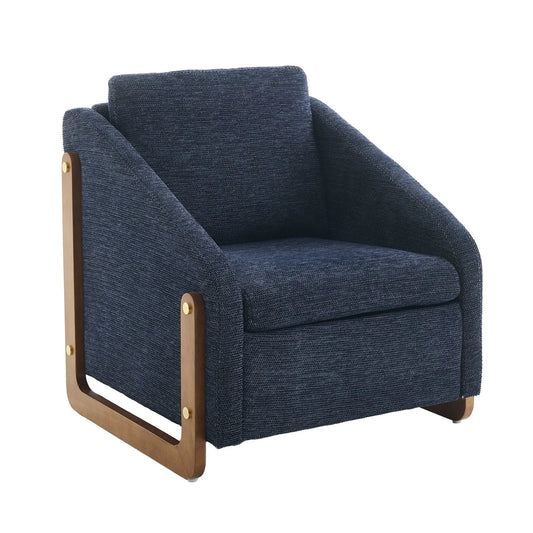 Modern upholstered armchair with blue textured fabric and wooden side frame on Tampa Home & Garden Store