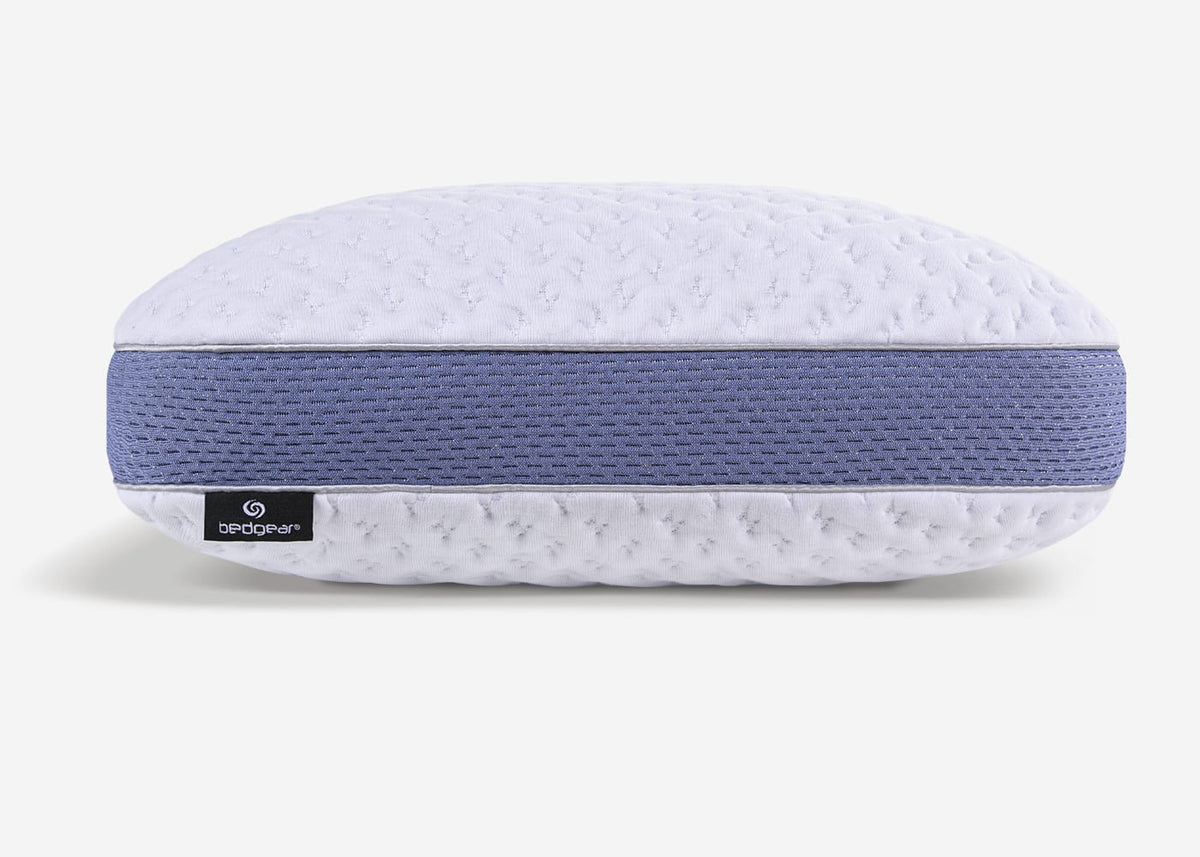 Bed Gear Balance Cuddle Curve Pillow size 3.0 white with purple knit band and bedgear tag on Tampa Home & Garden Store