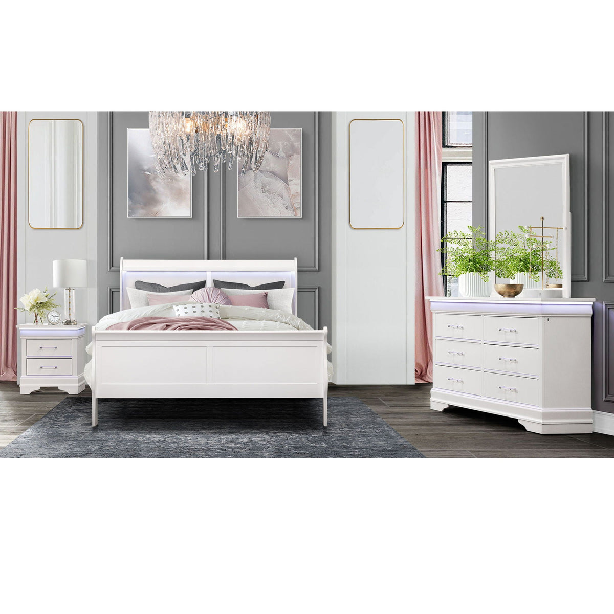 Charlston 5 Piece Bedroom Set With LED Headboard white by HouseOfZazla bed and dresser on Tampa Home & Garden Store