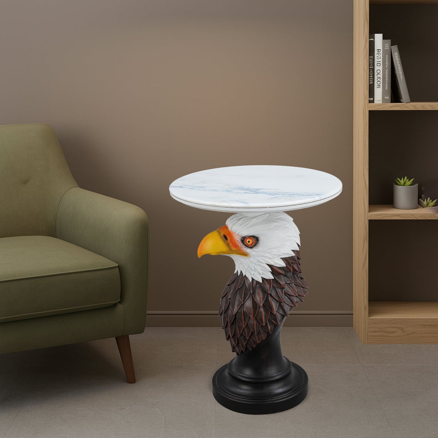 Eagle Head Accent Table by HouseOfZazla with round white marble top and sculpted eagle pedestal on Tampa Home & Garden Store