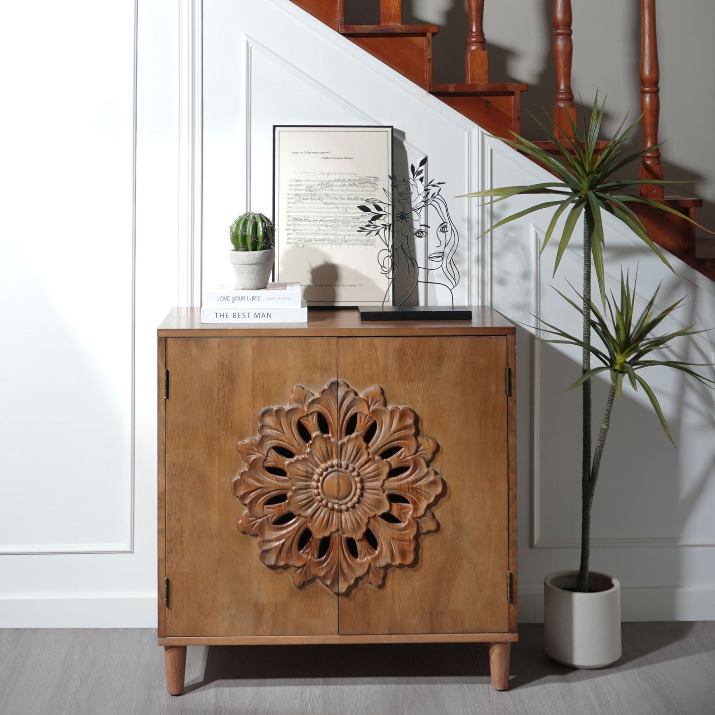 Rustic hand-carved wooden 2-door cabinet with large floral relief by HouseOfZazla on Tampa Home & Garden Store