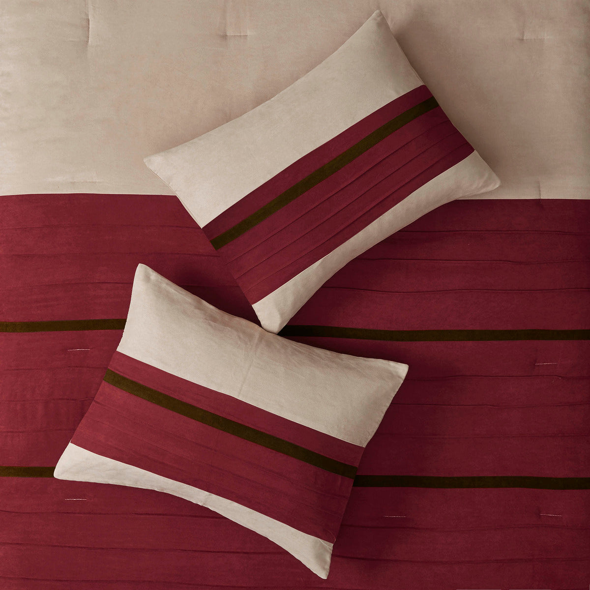 7 PC Faux Suede Comforter Set Cal King red with beige and olive stripe by HouseOfZazla on Tampa Home & Garden Store