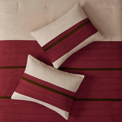 7 PC Faux Suede Comforter Set Cal King red with beige and olive stripe by HouseOfZazla on Tampa Home & Garden Store