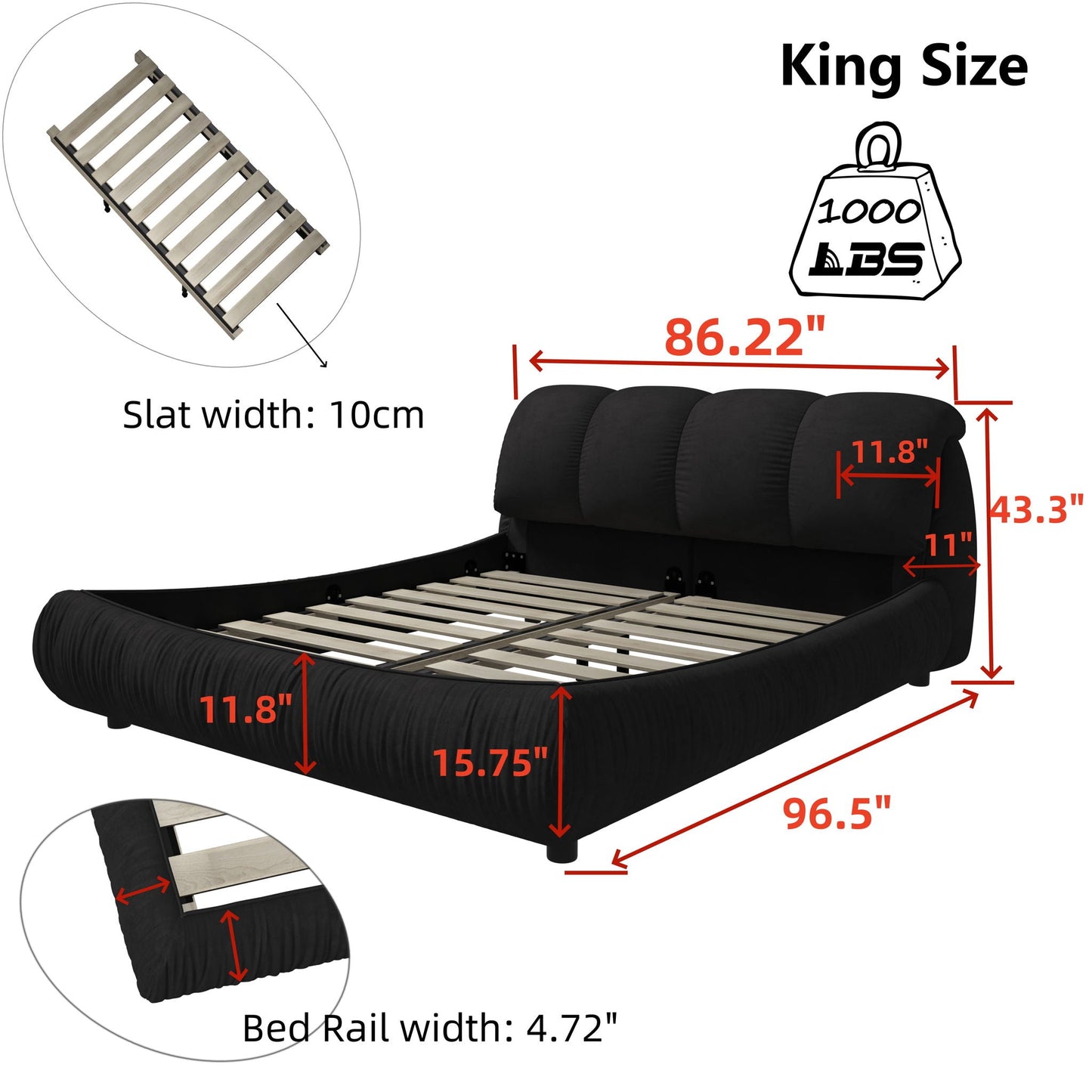 King-size black upholstered bed with padded headboard and solid wood frame HouseOfZazla on Tampa Home & Garden Store