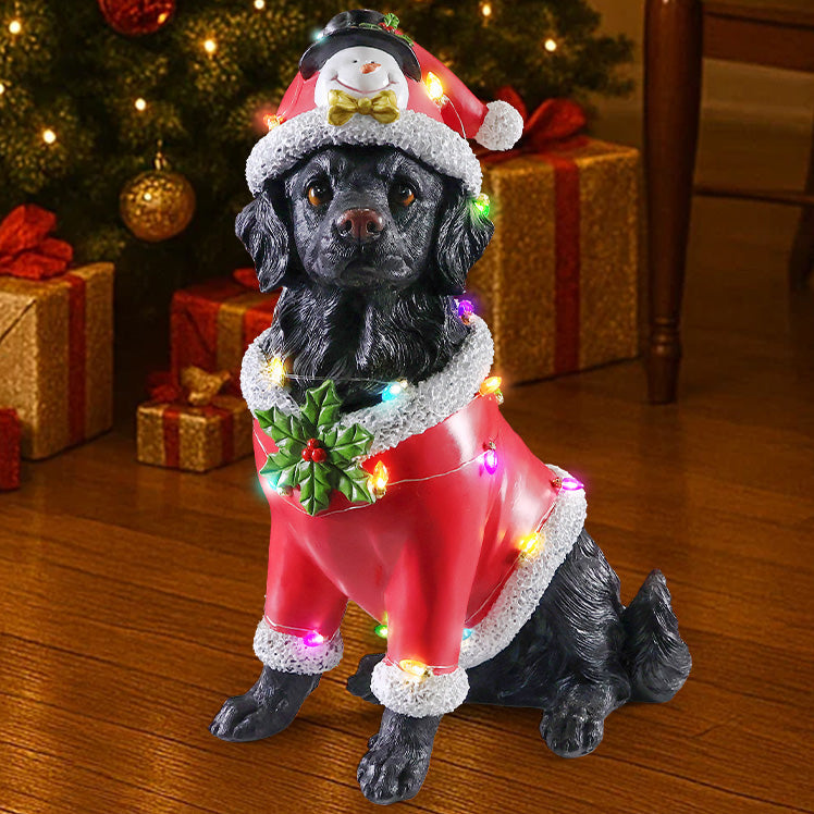 Christmas Dog Statue in red Santa suit with white fur trim and holly, wrapped in colorful lights on Tampa Home & Garden Store