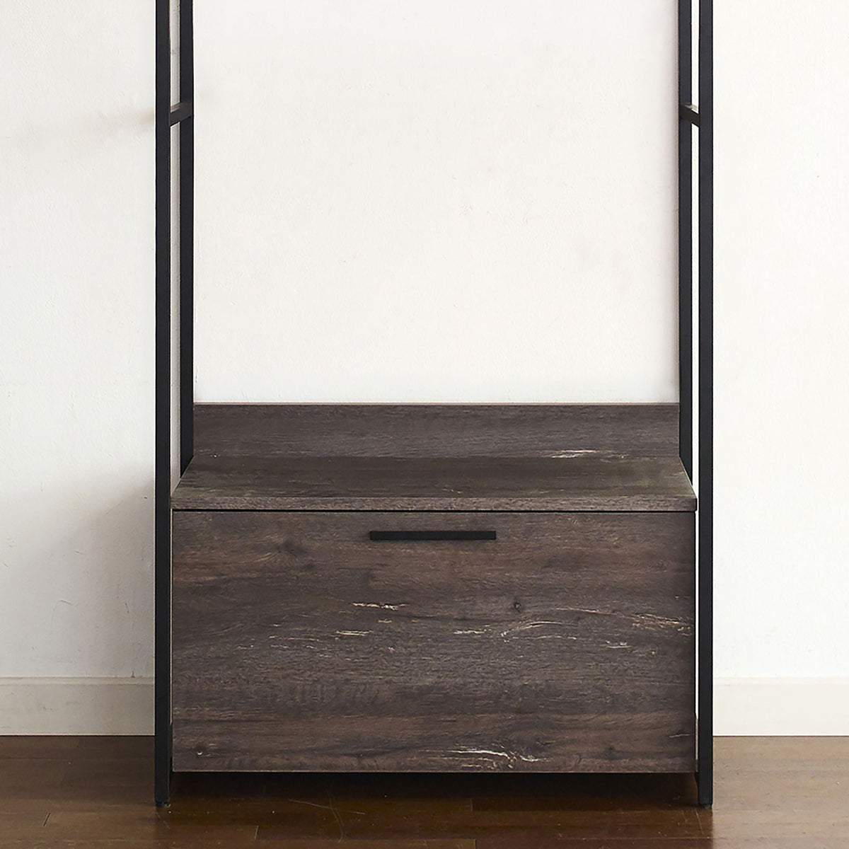Dark brown walk-in wardrobe with a lower drawer and open shelf in a black metal frame on Tampa Home & Garden Store
