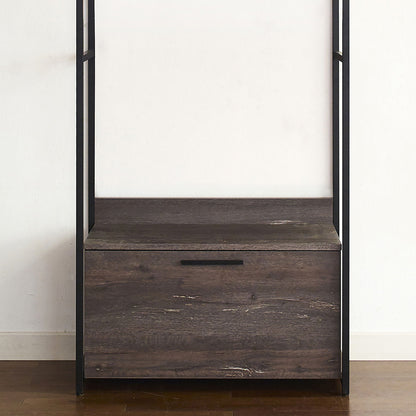 Dark brown walk-in wardrobe with a lower drawer and open shelf in a black metal frame on Tampa Home & Garden Store