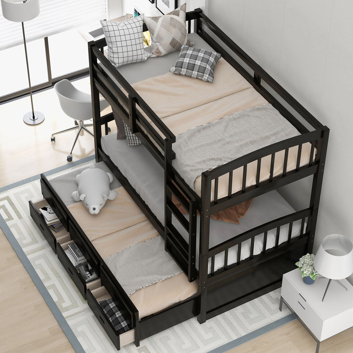 HouseOfZazla black metal bunk bed with arched headboard and footboard, trundle and drawers on Tampa Home & Garden Store