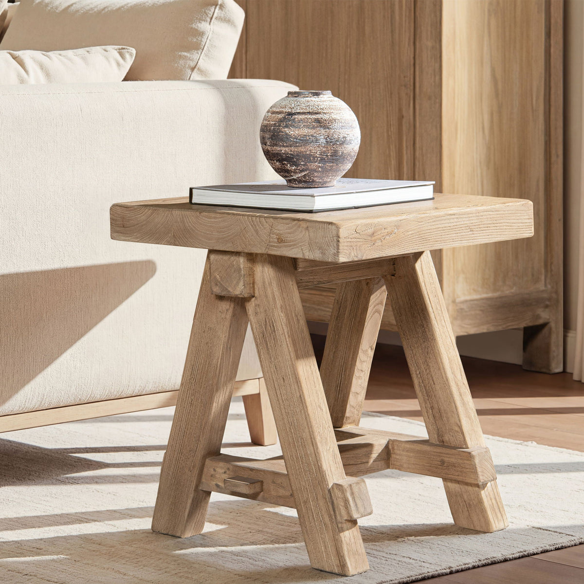 Trestle coffee table by HouseOfZazla in solid reclaimed elm, light brown finish on Tampa Home & Garden Store
