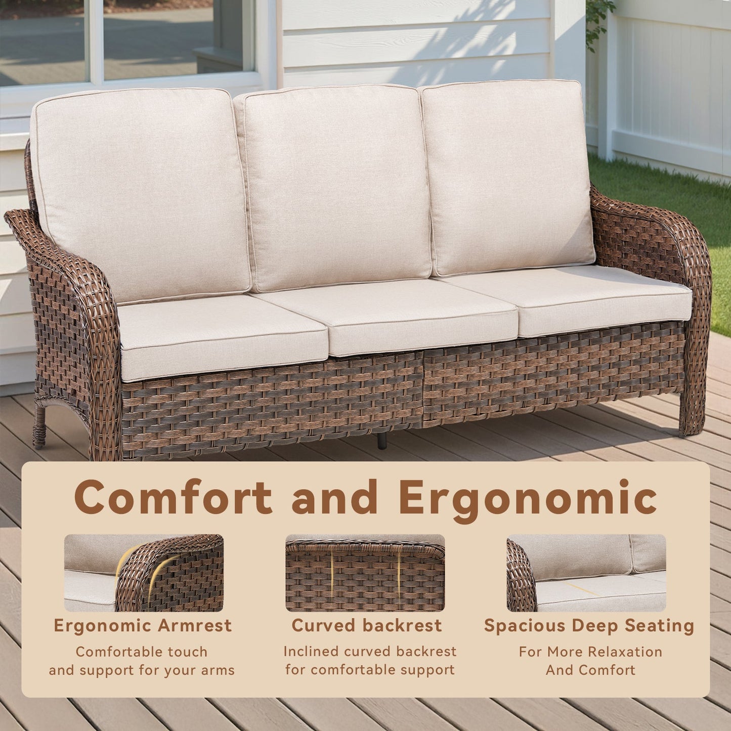 70.9-inch PE wicker rattan outdoor sofa set with beige cushions by HouseOfZazla on Tampa Home & Garden Store