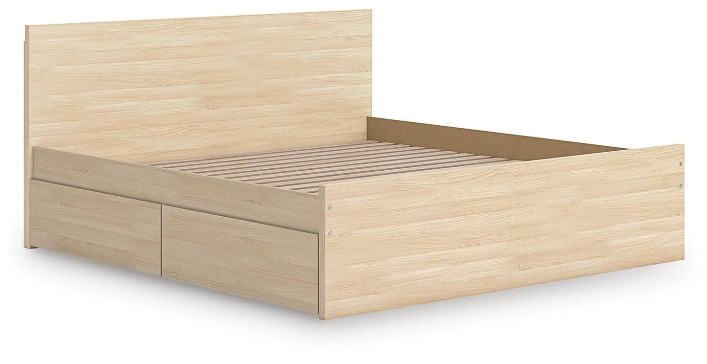 Onita Panel Platform Bed with two under-bed storage drawers in light wood finish on Tampa Home & Garden Store