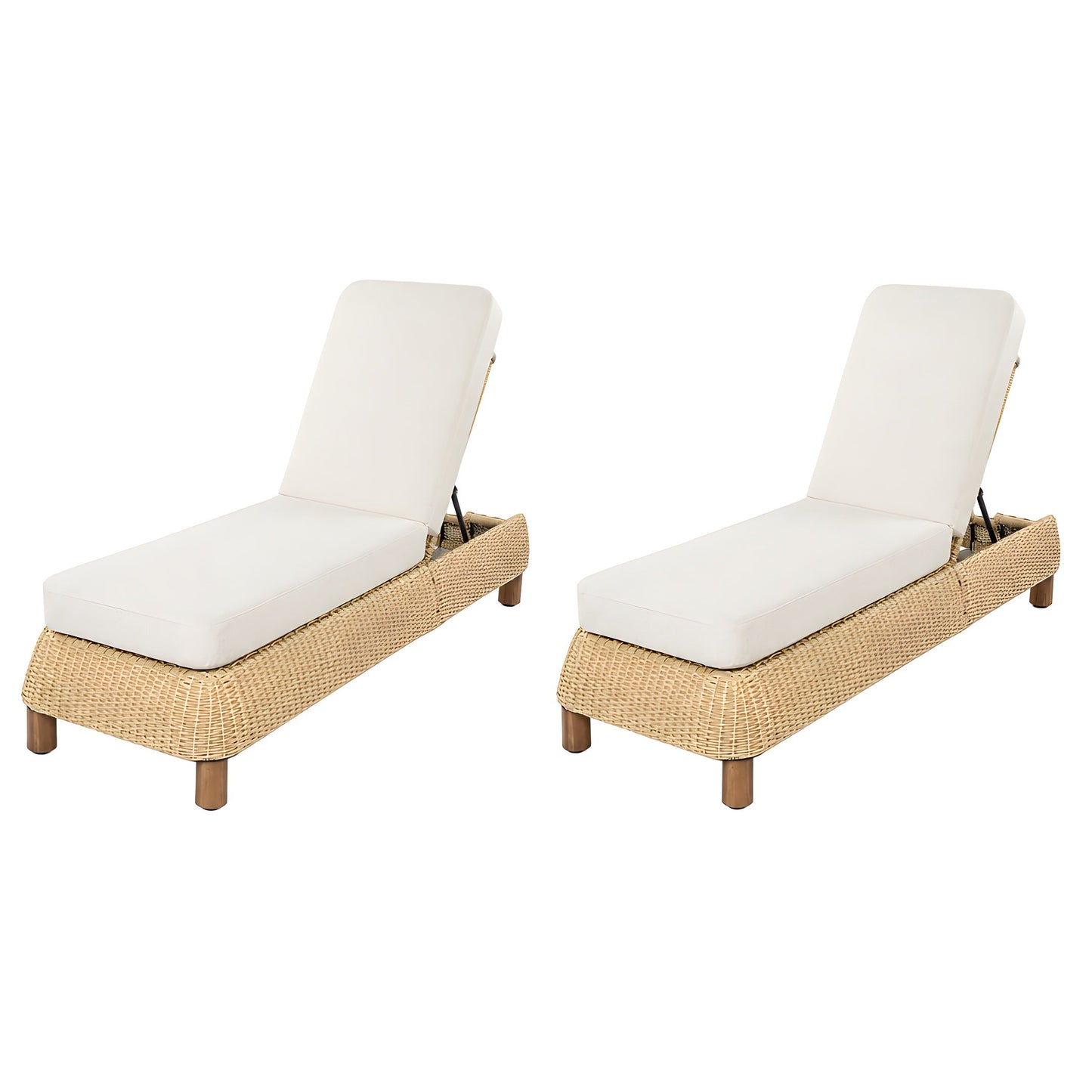 Set of 2 adjustable outdoor wicker chaise lounges with white cushions and natural wicker frames on Tampa Home & Garden Store