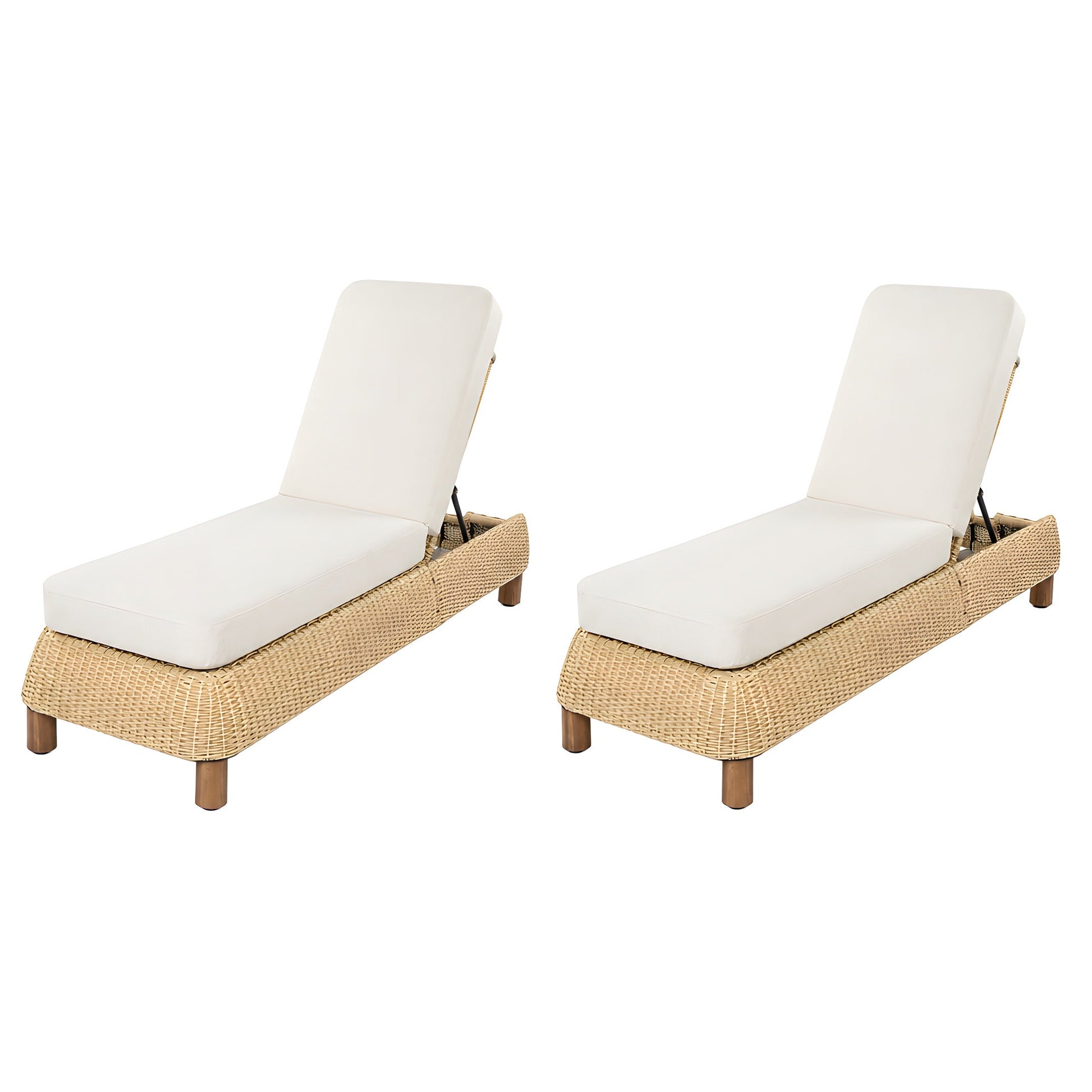 Set of 2 adjustable outdoor wicker chaise lounges with white cushions and natural wicker frames on Tampa Home & Garden Store