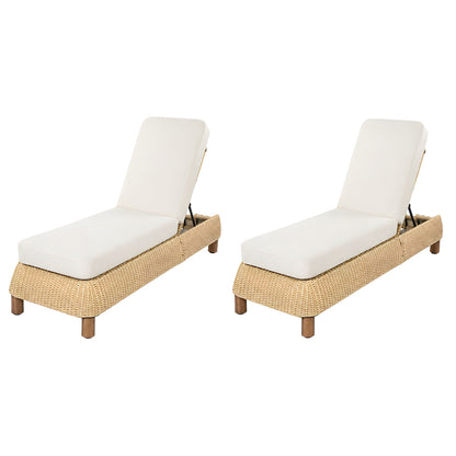 Set of 2 adjustable outdoor wicker chaise lounges with white cushions and natural wicker frames on Tampa Home & Garden Store
