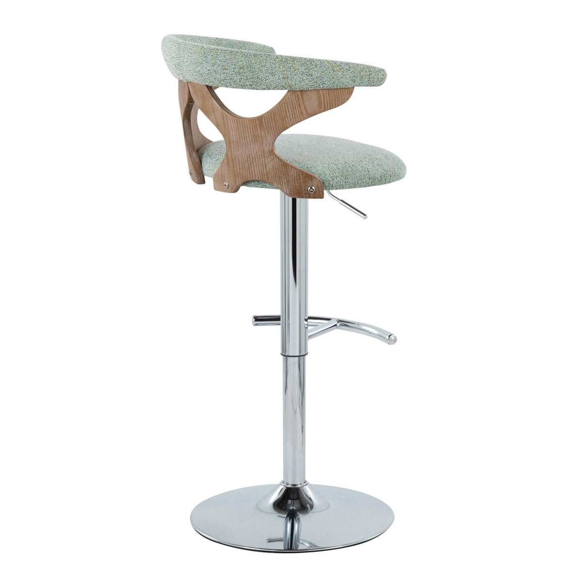 Contemporary adjustable barstool with swivel, teal upholstery and wood frame on chrome base on Tampa Home & Garden Store