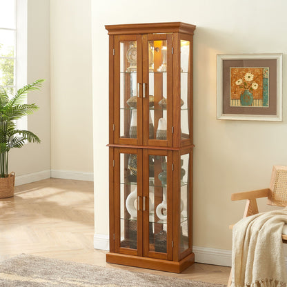 Lighted curio cabinet with glass doors, adjustable shelves, mirrored back panel in wood finish on Tampa Home & Garden Store