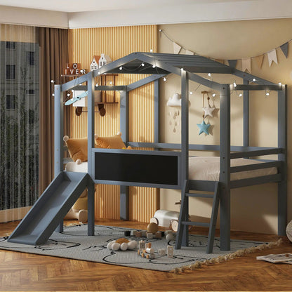 Loft House Bed With Ladder and Slide and Light