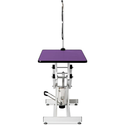 Hydraulic Pet Grooming Table with purple non-slip mat and adjustable arm on Tampa Home & Garden Store
