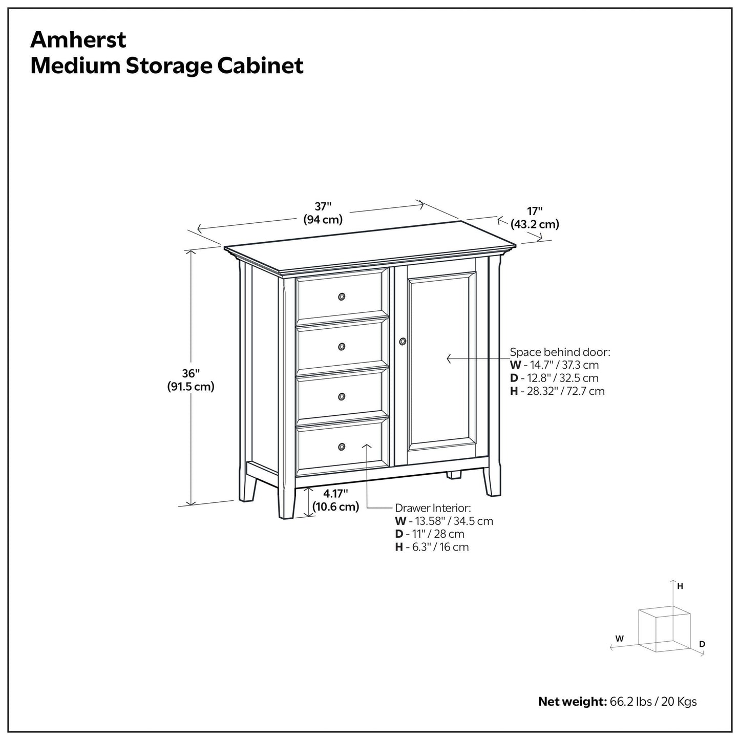 Amherst Handcrafted Medium Storage Cabinet line drawing, 37in W x 36in H, accent cabinet on Tampa Home & Garden Store