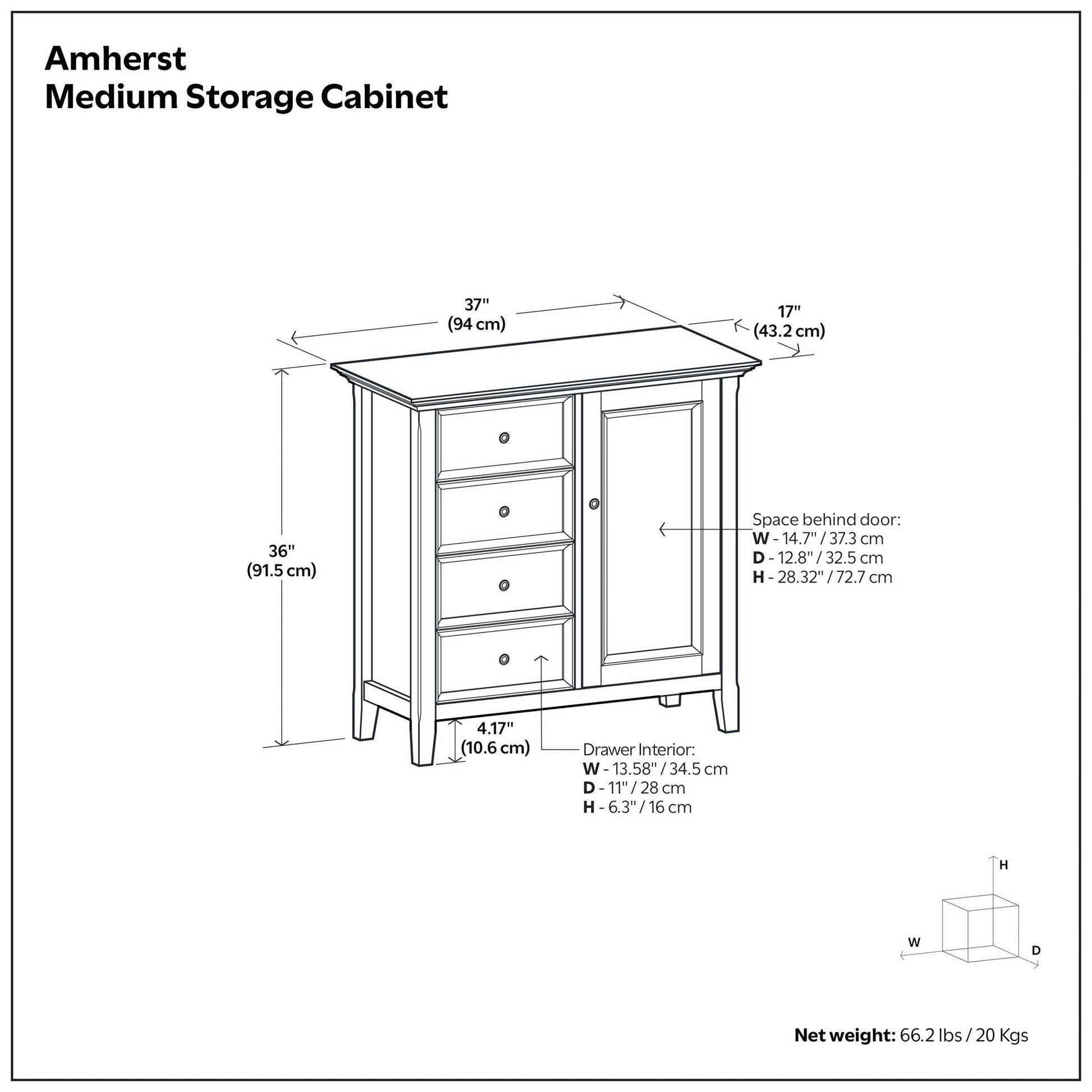Amherst Handcrafted Medium Storage Cabinet line drawing, 37in W x 36in H, accent cabinet on Tampa Home & Garden Store