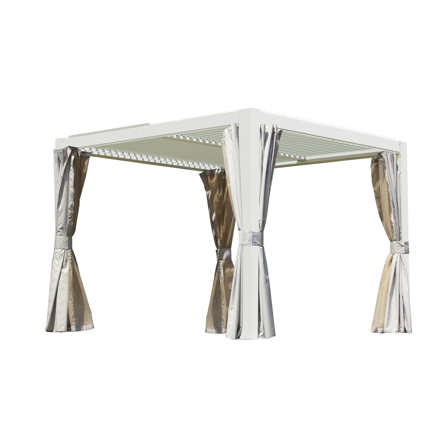 10x10 ft louvered pergola with adjustable louvers, gray drapes HouseOfZazla on Tampa Home & Garden Store