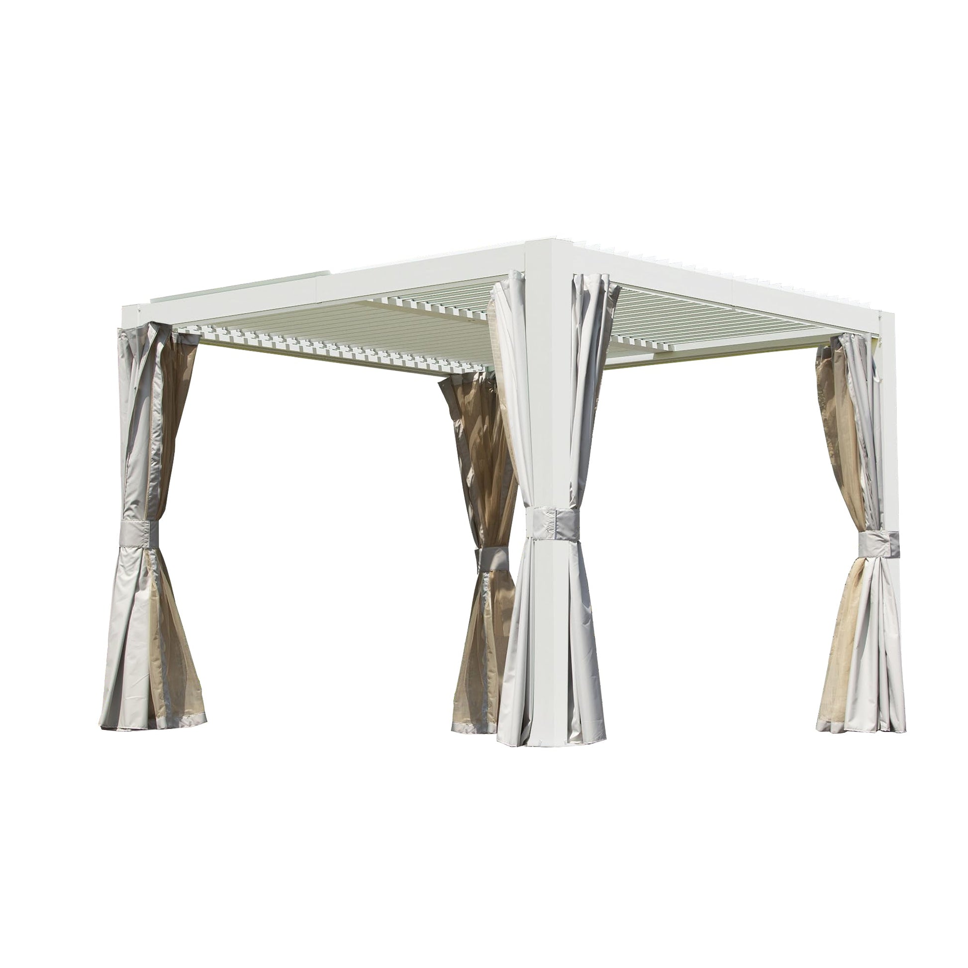 10x10 ft louvered pergola with adjustable louvers, gray drapes HouseOfZazla on Tampa Home & Garden Store