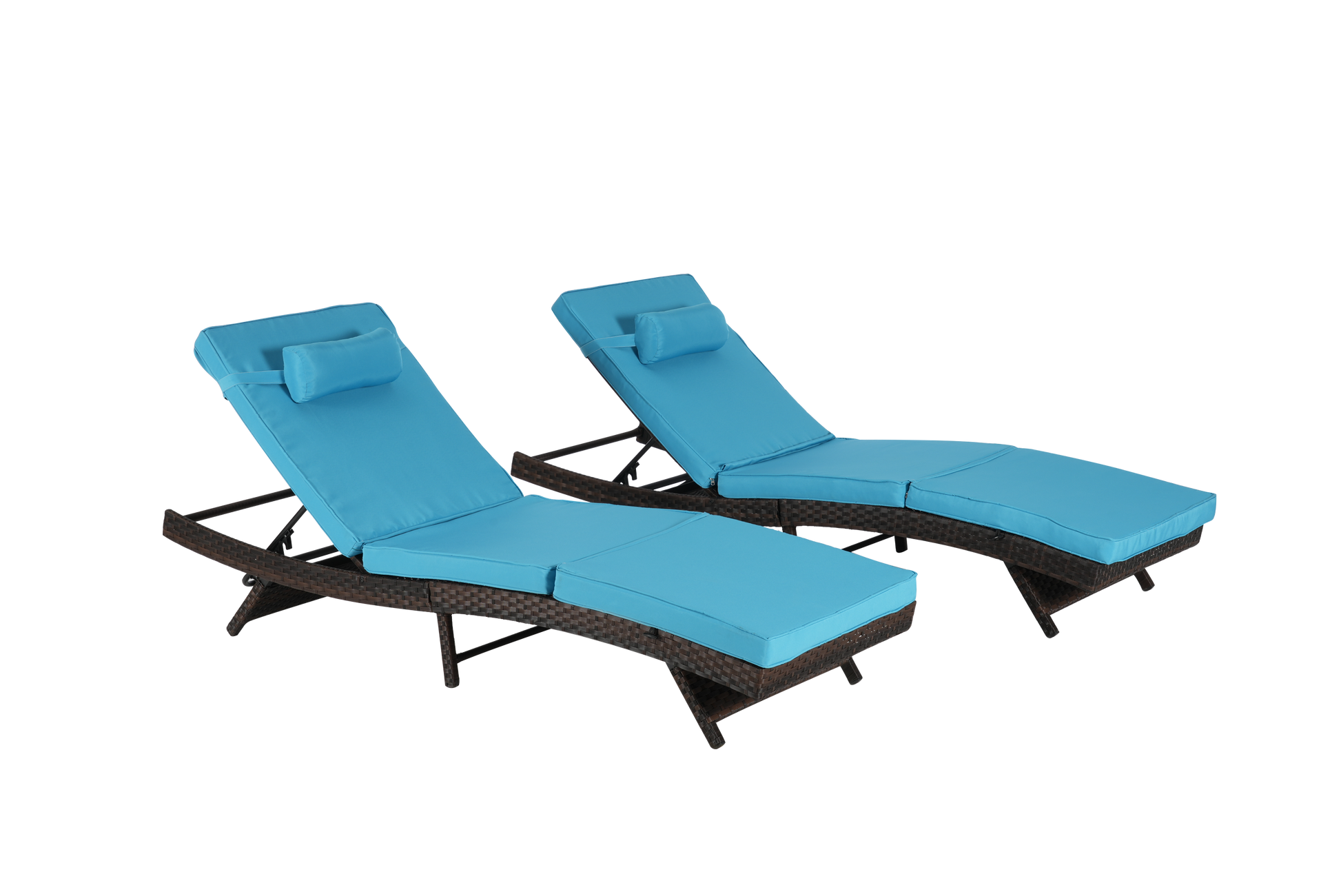 Outdoor wicker reclining chairs set of 2 with blue cushions and headrests on Tampa Home & Garden Store