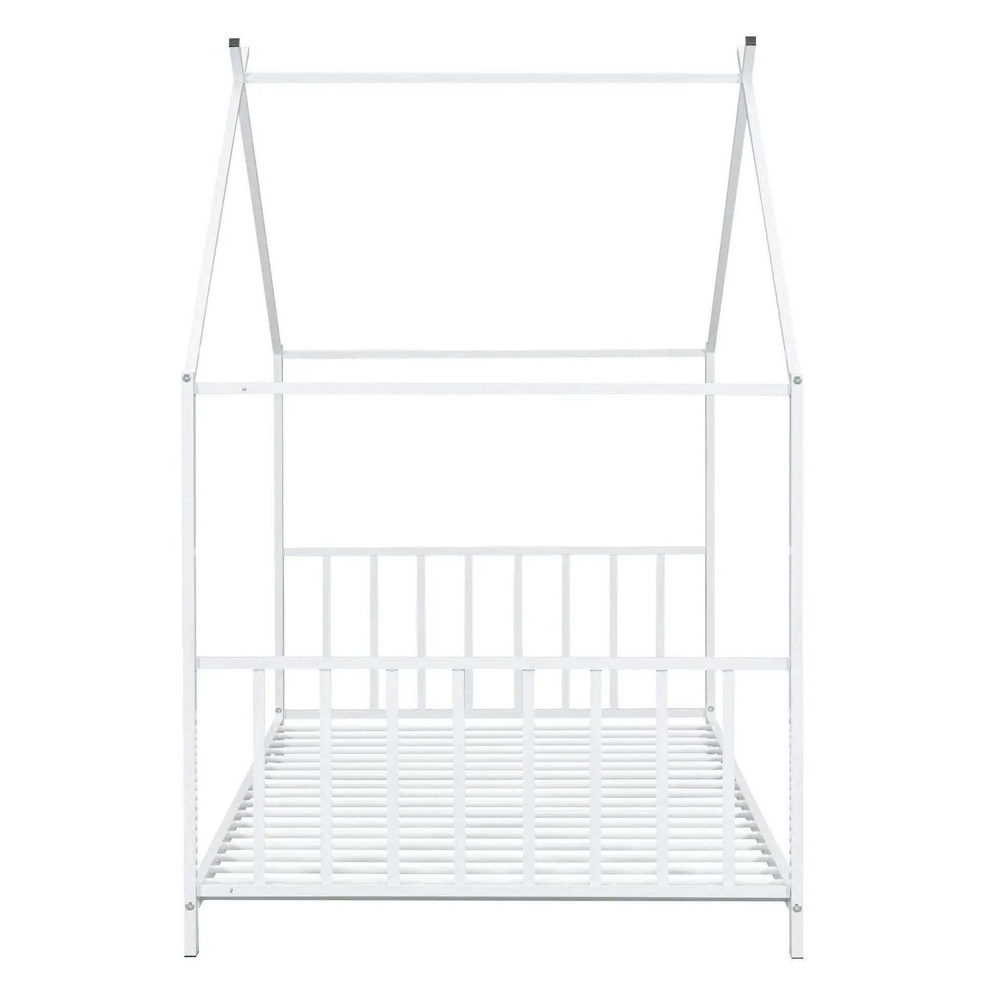 Metal canopy bed frame with white finish, modern design and durable construction on Tampa Home & Garden Store