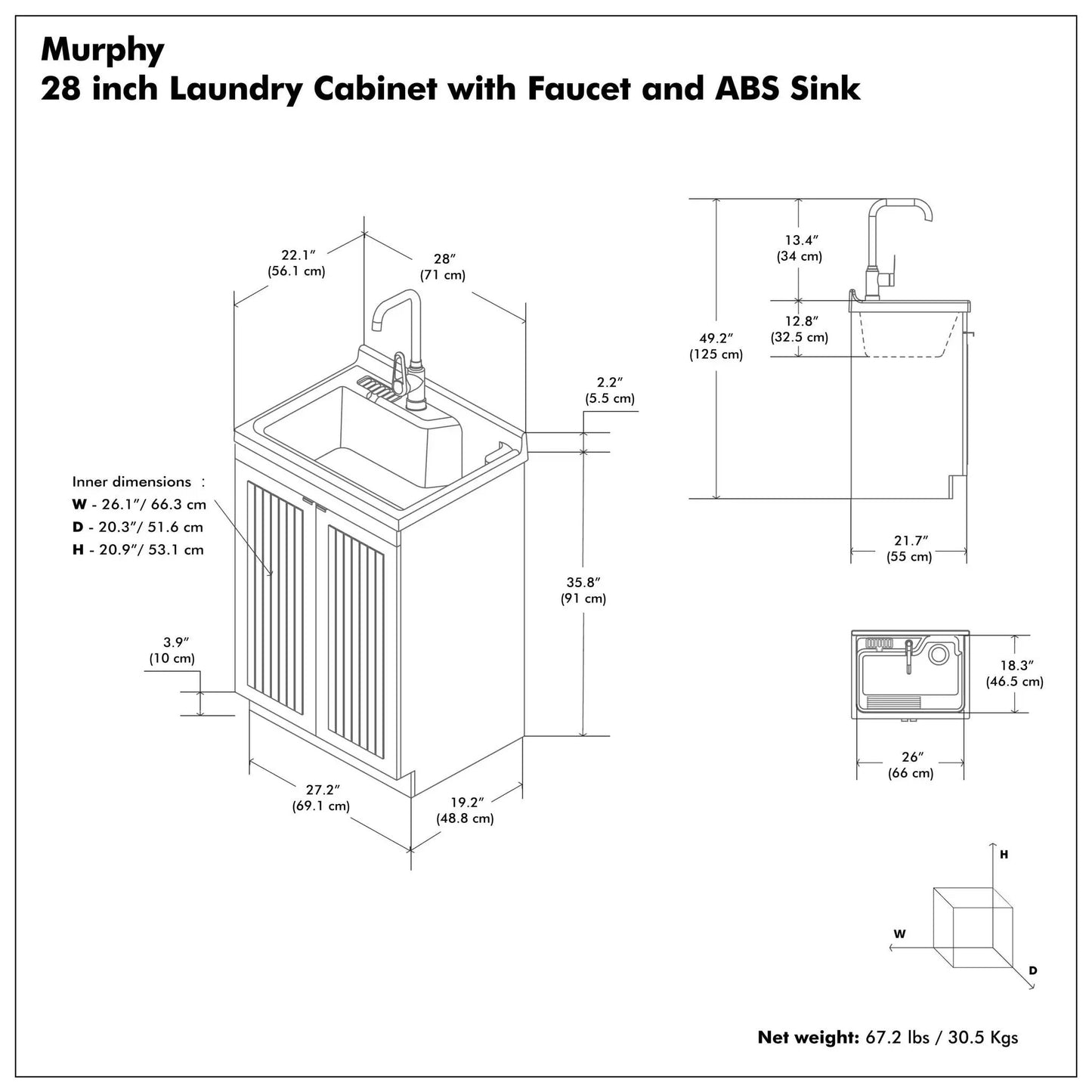 Murphy 28 inch laundry cabinet with faucet and stainless steel sink blueprint with dimensions on Tampa Home & Garden Store