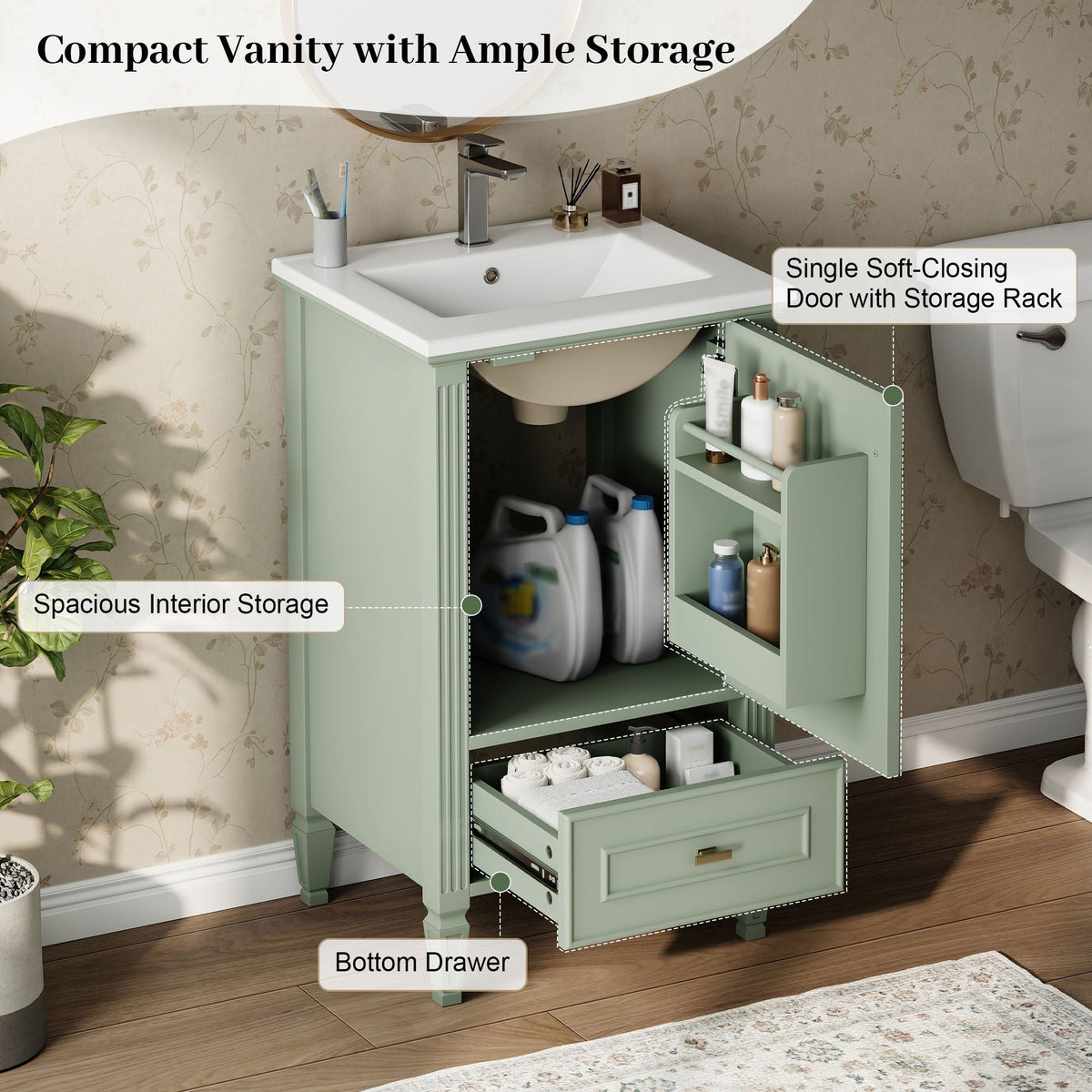 Retro green bathroom vanity with sink, soft-closing doors, storage by HouseOfZazla on Tampa Home & Garden Store