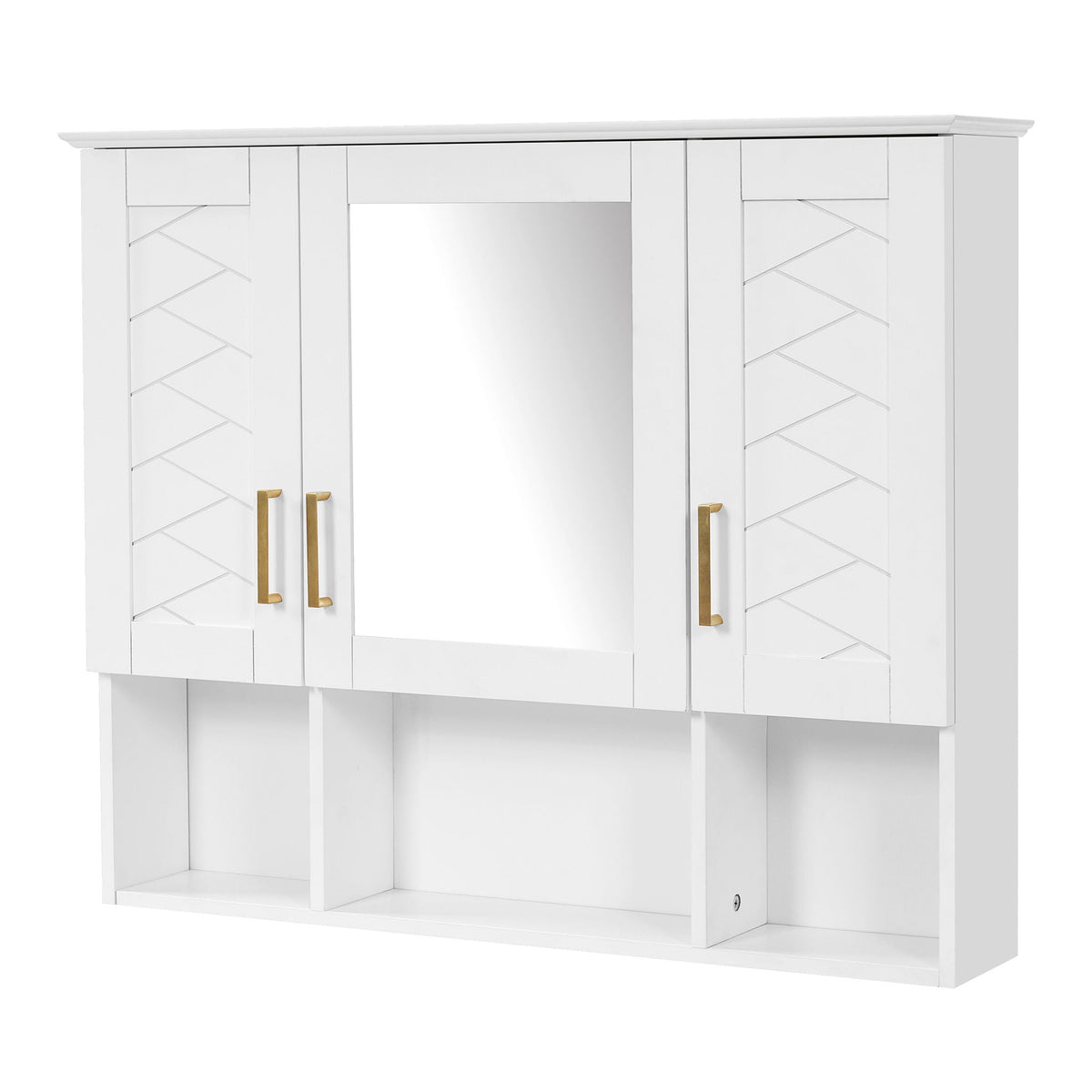 Medicine cabinet white modern wall-mounted unit with mirrored center and gold handles on Tampa Home & Garden Store