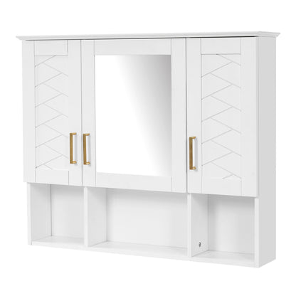 Medicine cabinet white modern wall-mounted unit with mirrored center and gold handles on Tampa Home & Garden Store