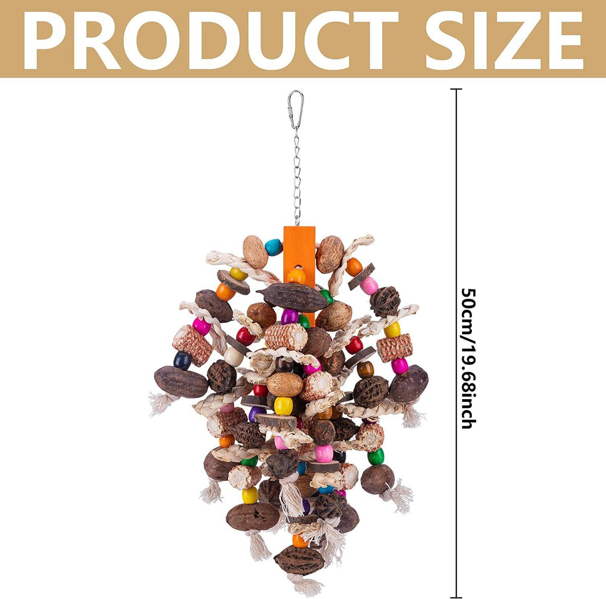 Large Parrots Nibbling On Toy Fruit Skewers hanging bird toy with colorful wooden beads and rope strands on Tampa Home & Garden Store