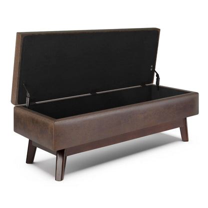 Owen Upholstered Rectangular Storage Ottoman with brown wood frame and lift-top black lid on Tampa Home & Garden Store