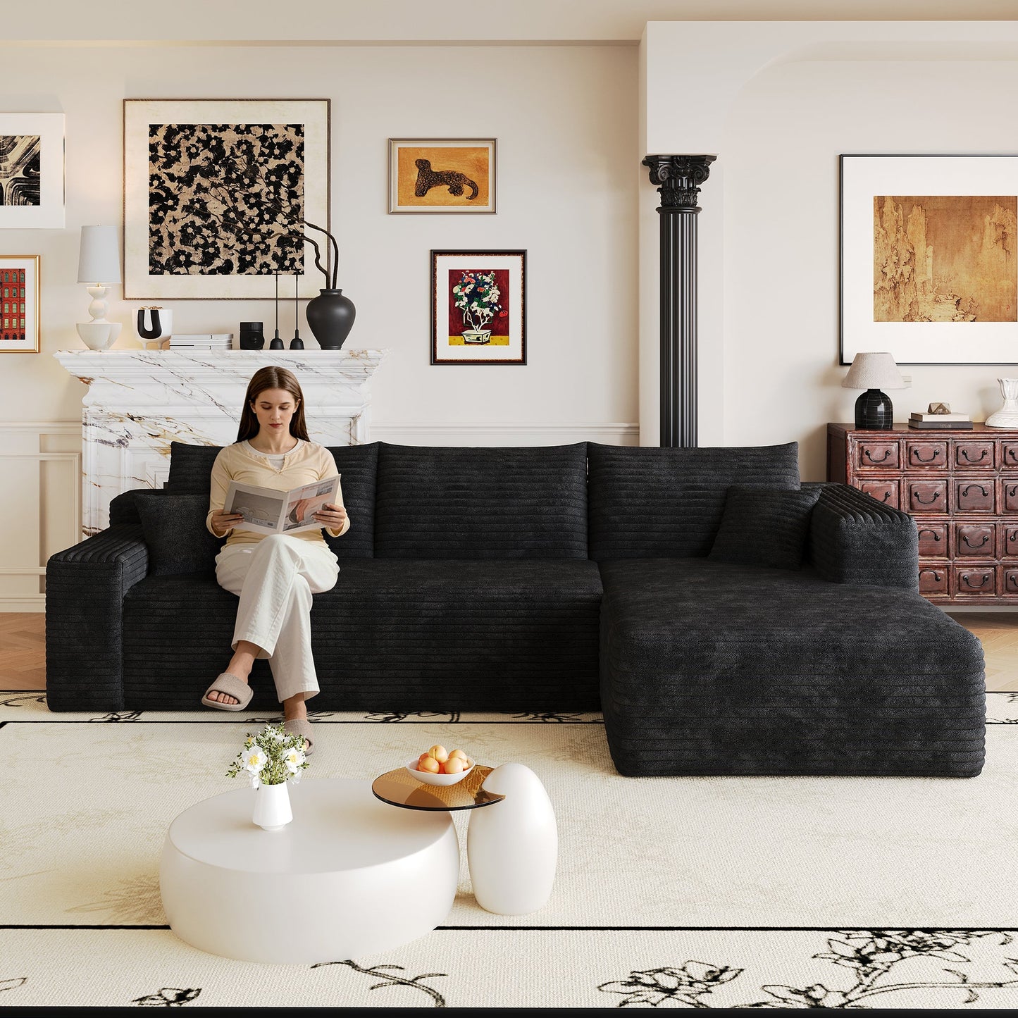 Modern Minimalist Cloud Sectional Sofa in black fabric, L-shaped with plush cushions on Tampa Home & Garden Store