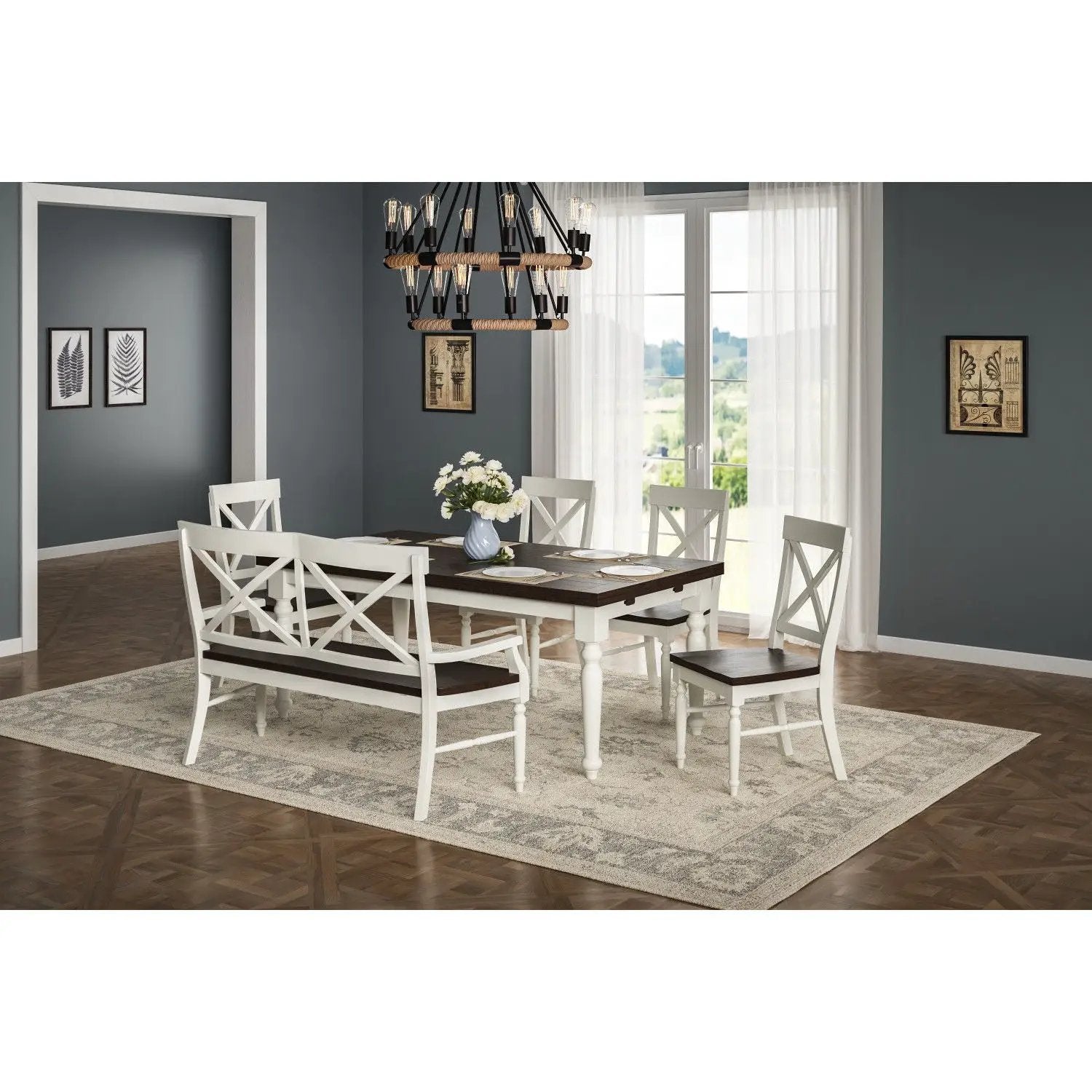 Mountina bench and 4 white cross-back chairs around a dark wood dining table brown/white dining set on Tampa Home & Garden Store