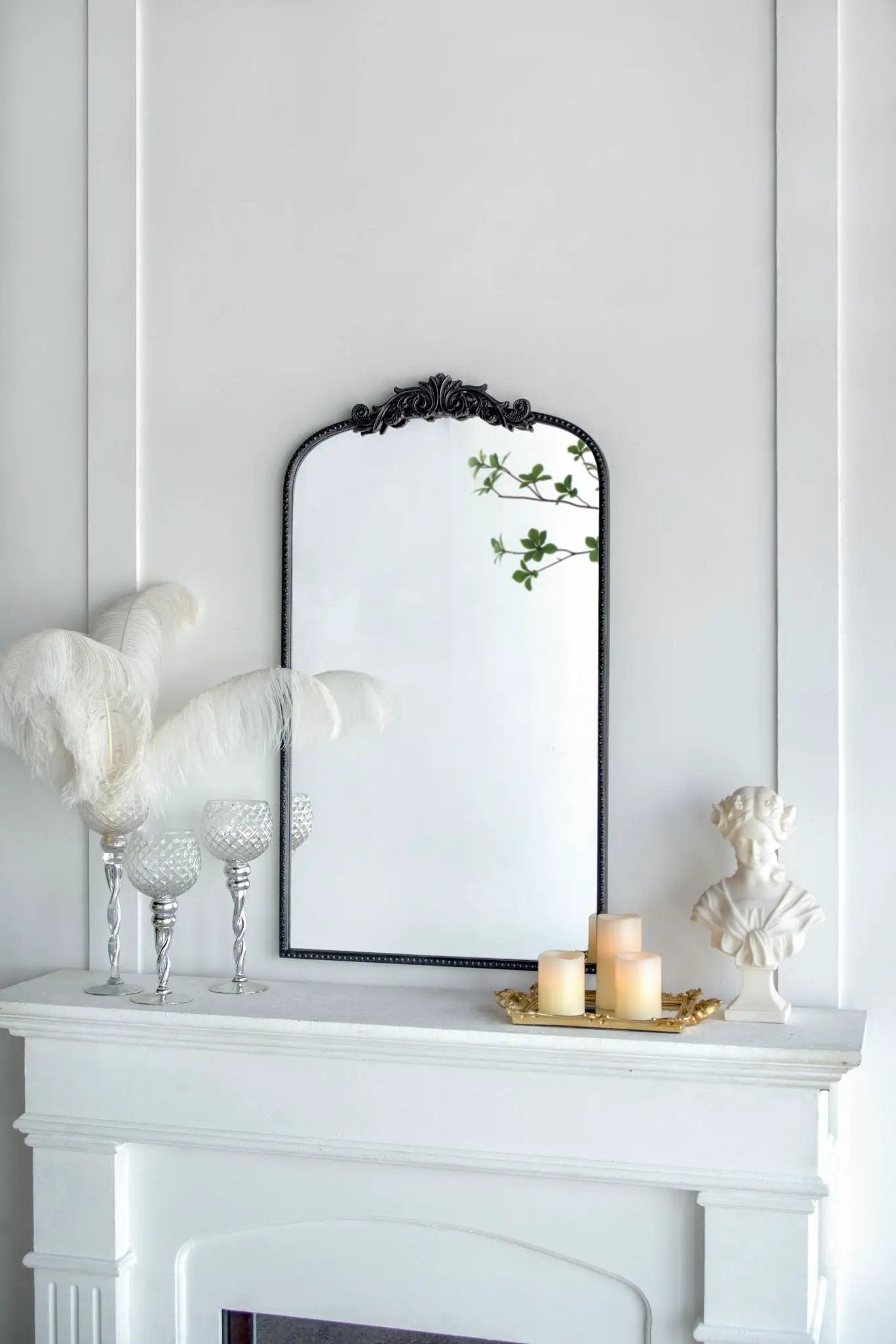Arch Mirror with ornate black Baroque frame, arched wall decor for living room on Tampa Home & Garden Store