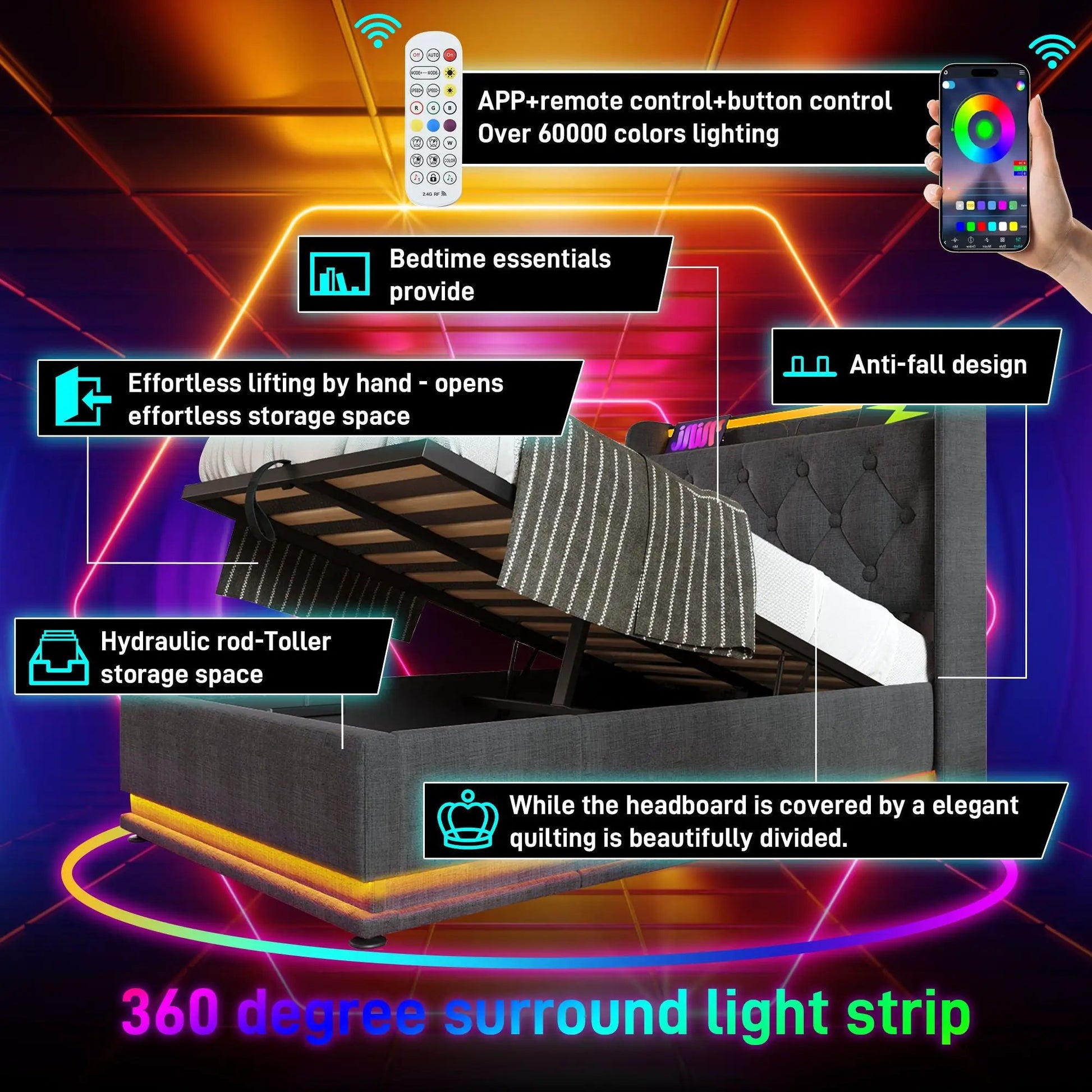 Upholstered storage bed by Unique Piece Furniture with 360° LED lighting and hydraulic lift on Tampa Home & Garden Store