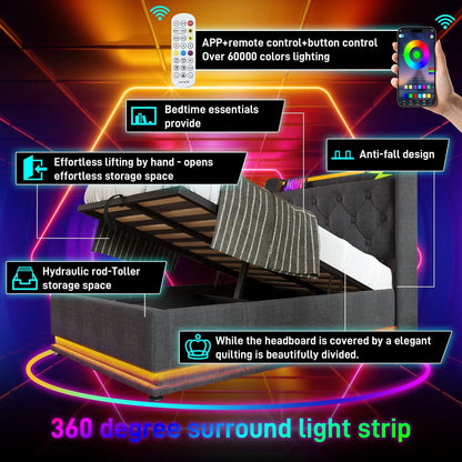 Upholstered storage bed by Unique Piece Furniture with 360° LED lighting and hydraulic lift on Tampa Home & Garden Store