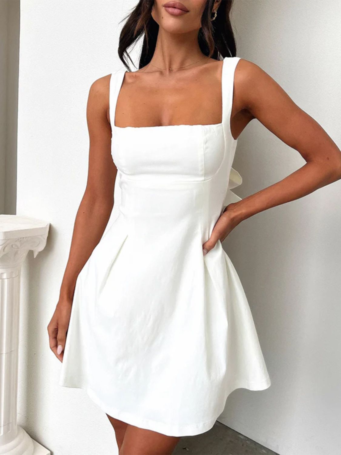 White Stevvex square-neck mini dress with wide straps and back bow detail on Tampa Home & Garden Store