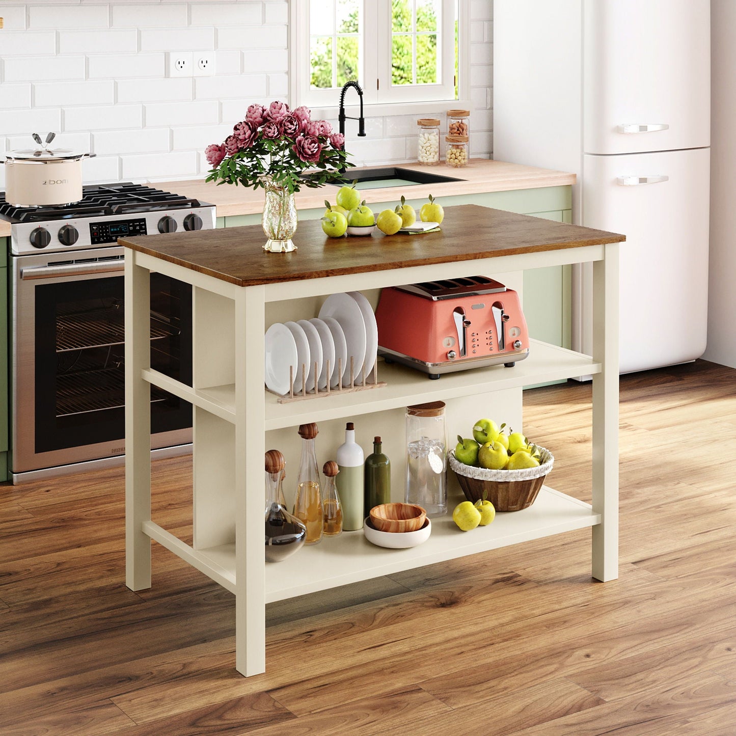 Rustic Kitchen Island and Two Wooden Bar Stools