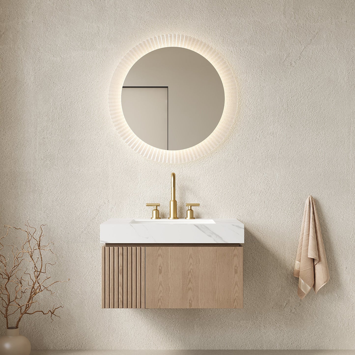 MURI 30in floating vanity with Carrara top and wood cabinet by HouseOfZazla, gold faucet on Tampa Home & Garden Store