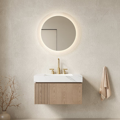 MURI 30in floating vanity with Carrara top and wood cabinet by HouseOfZazla, gold faucet on Tampa Home & Garden Store