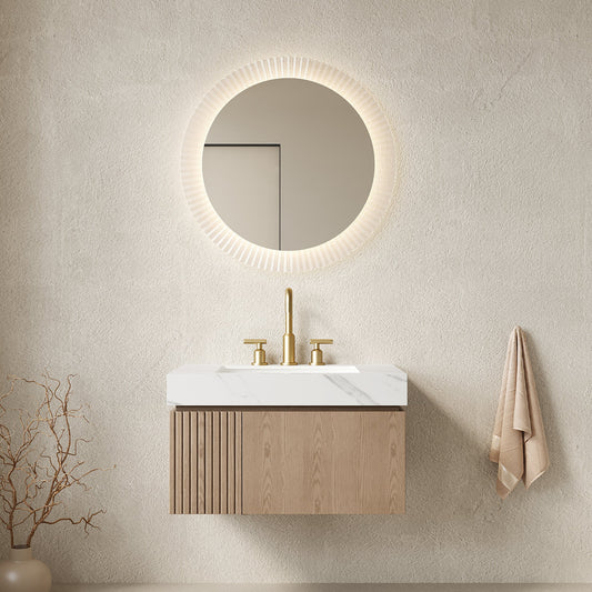 MURI 30in floating vanity with Carrara top and wood cabinet by HouseOfZazla, gold faucet on Tampa Home & Garden Store
