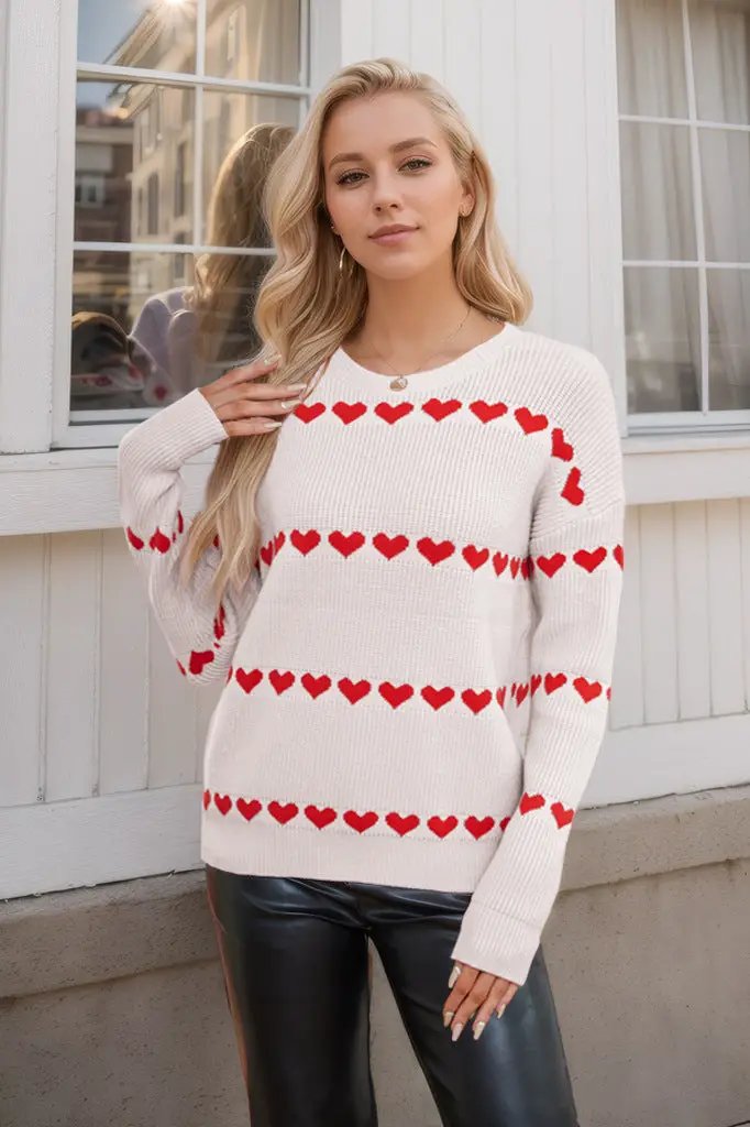 Valentine's Day Love Pullover knit sweater ivory with red heart pattern by FLIPSTYLEZLLC on Tampa Home & Garden Store