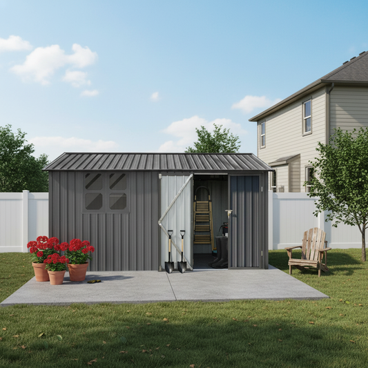 12x10 Ft Metal Garden Shed by HouseOfZazla, gray steel panels and roof on concrete pad on Tampa Home & Garden Store