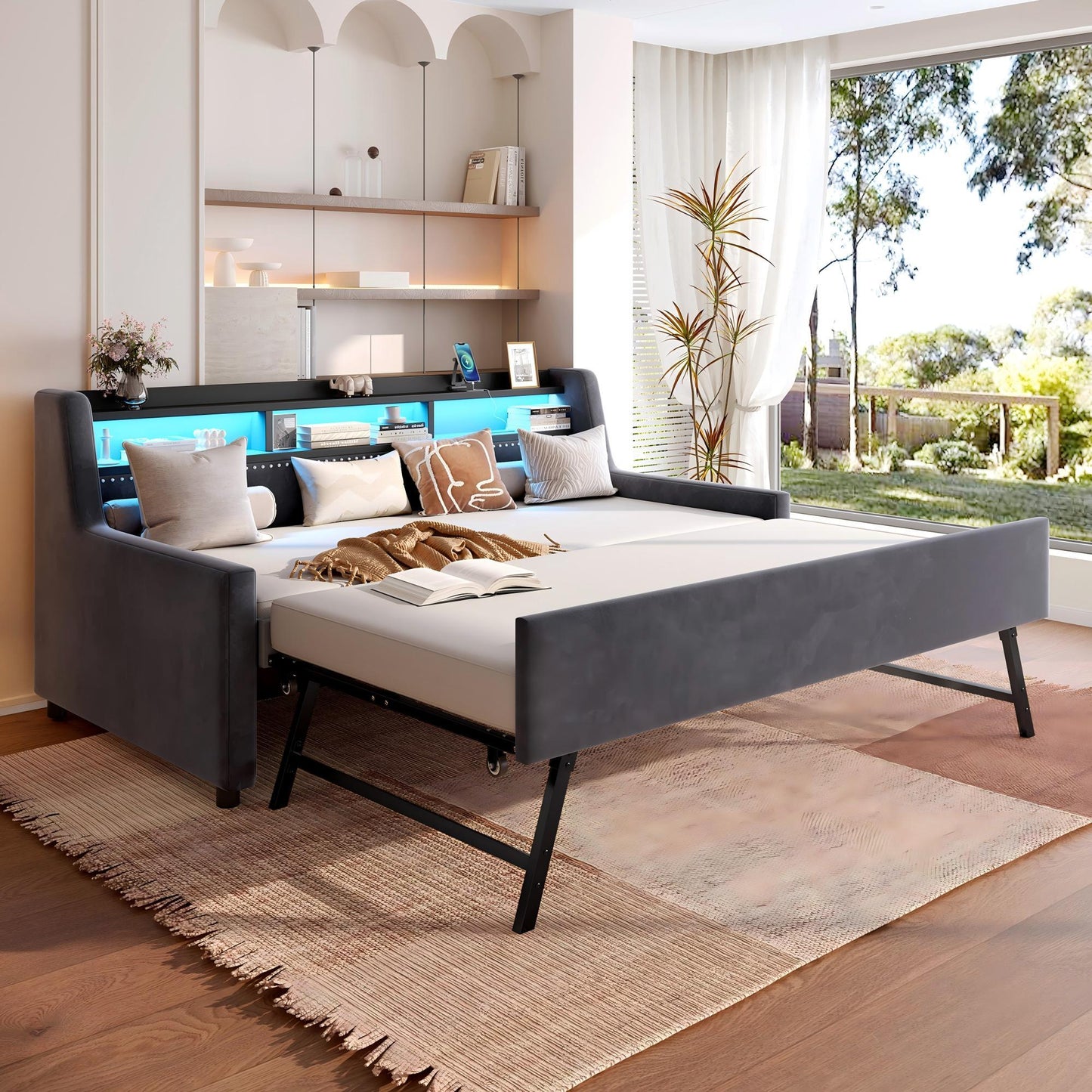 Twin size daybed with trundle in dark gray upholstery, modern living room scene on Tampa Home & Garden Store