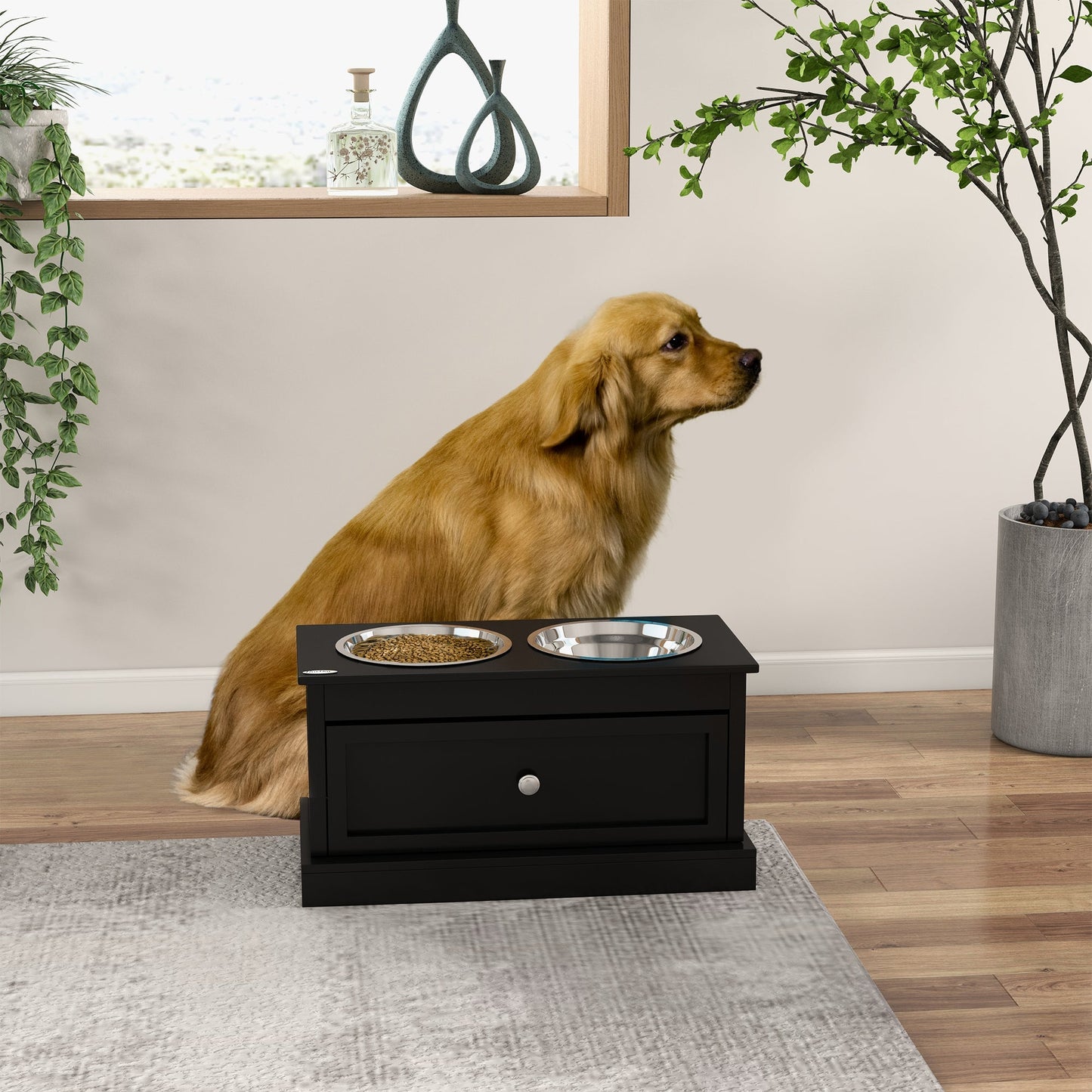 PawHut large elevated dog bowls with storage drawer on black stand, two silver bowls on Tampa Home & Garden Store